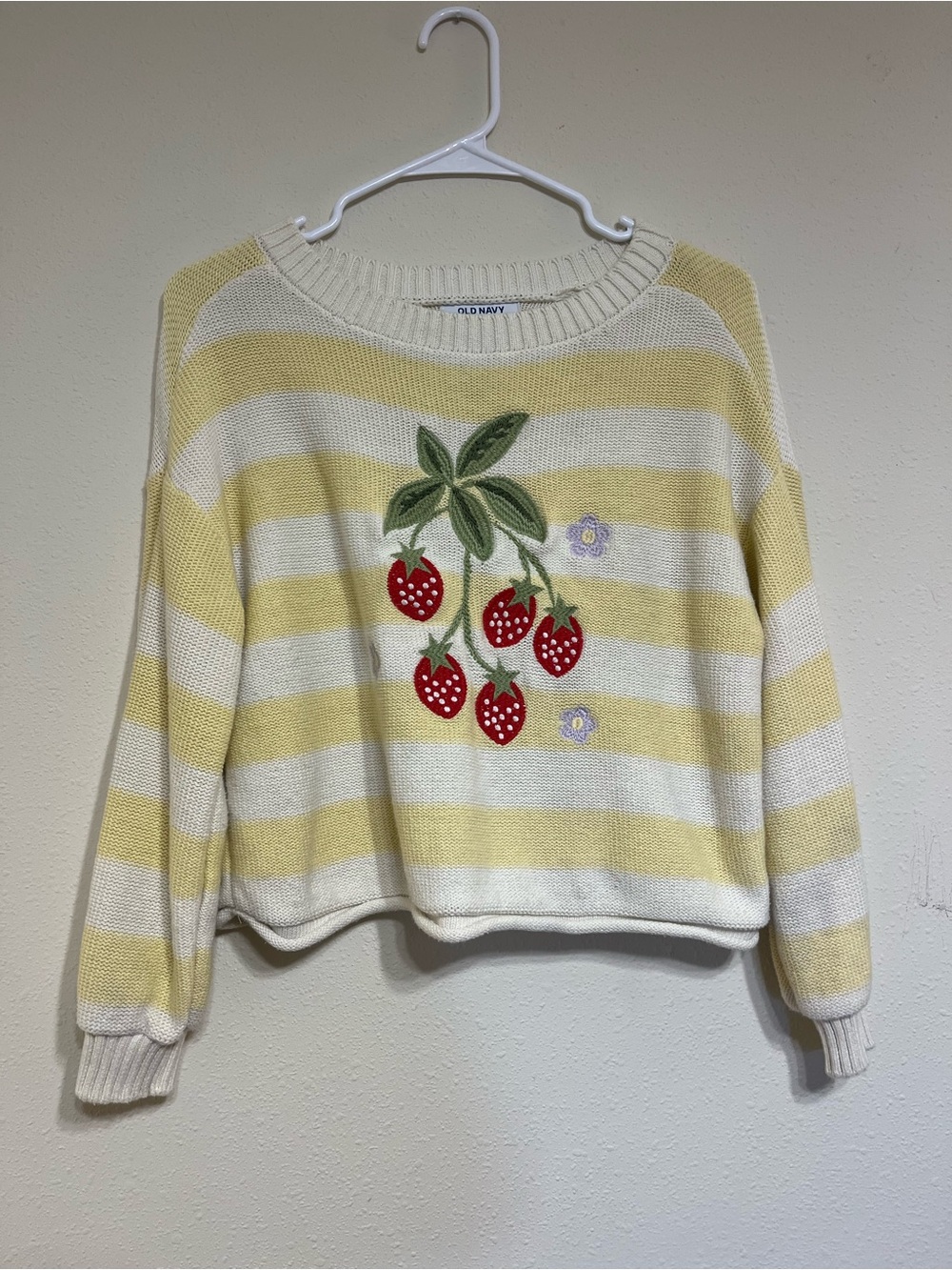 Old Navy Yellow & White Striped Crewneck Sweater with Strawberry Embroidery